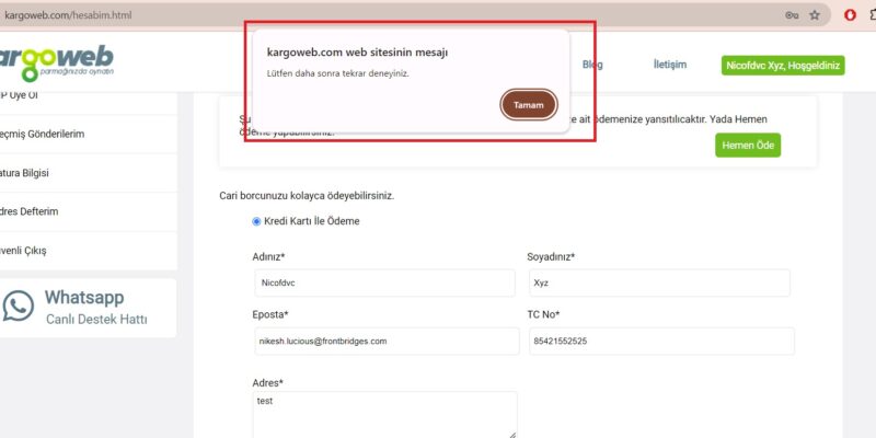 KargoWeb Web Sitesinde Borç Ödeme İşlemi Gerçekleştirilemiyor